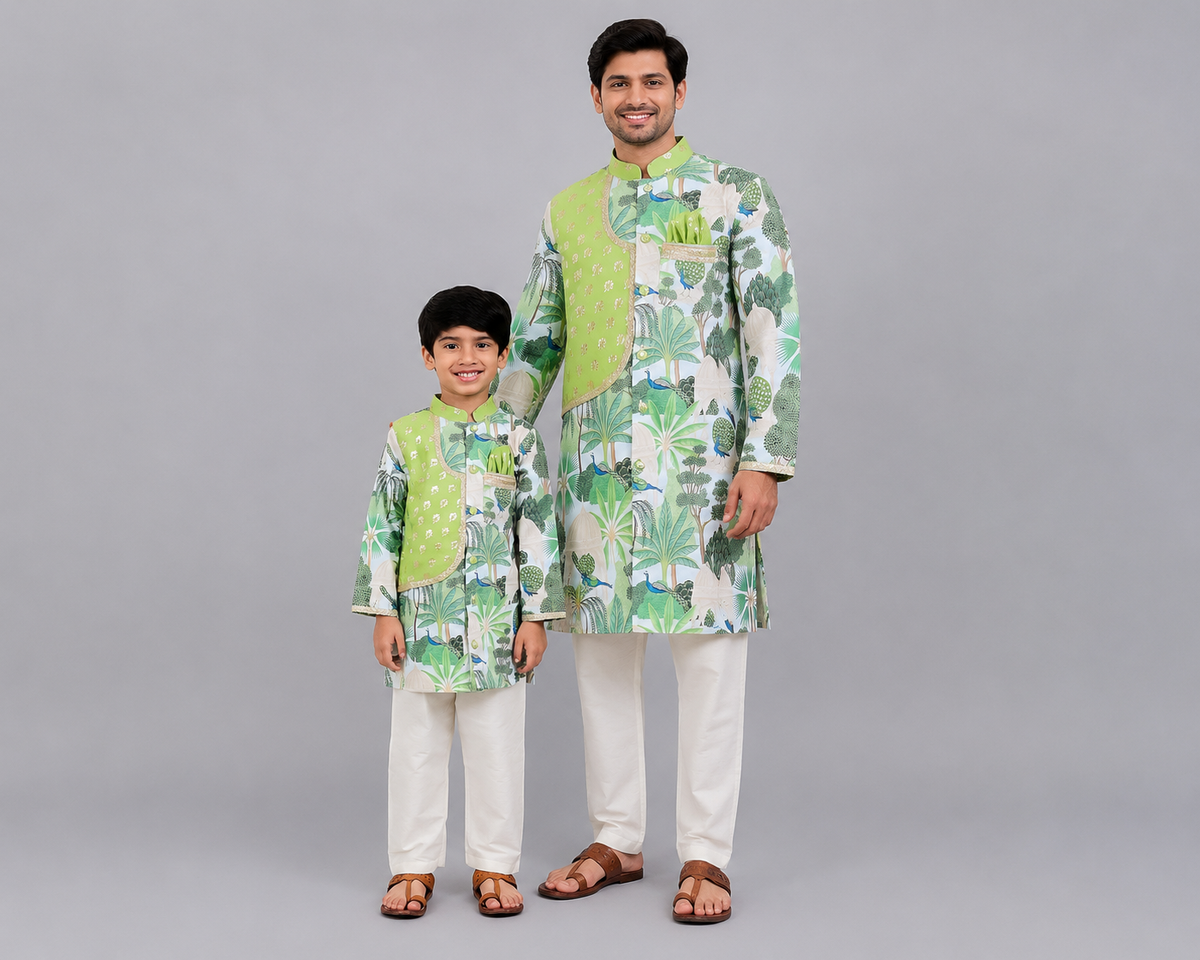 Green jungle printed kurta pyjama with chanderi panels