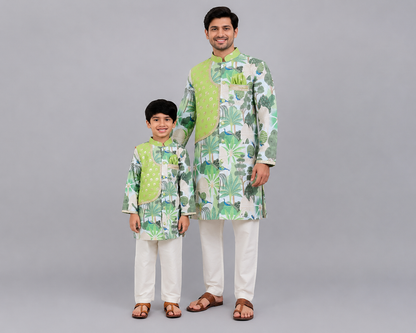Green jungle printed kurta pyjama with chanderi panels