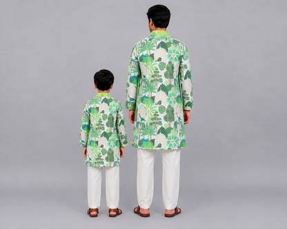 Green jungle printed kurta pyjama with chanderi panels