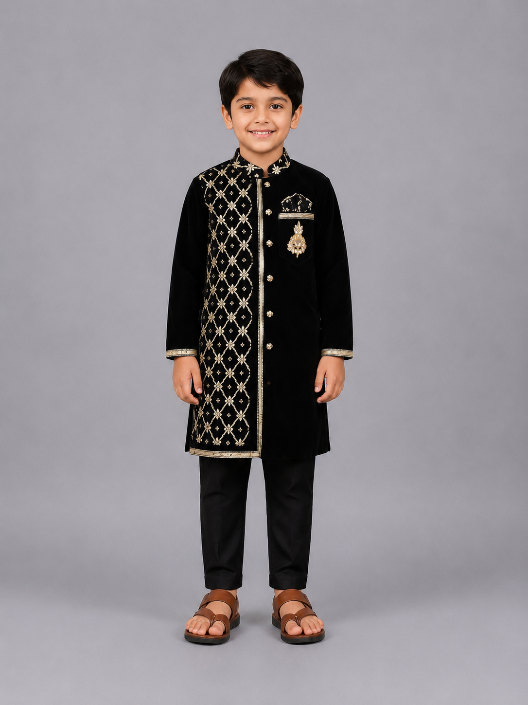 Black Velvet Kurta set with Chanderi panel