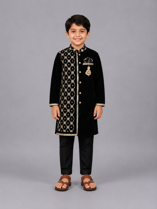 Black Velvet Kurta set with Chanderi panel