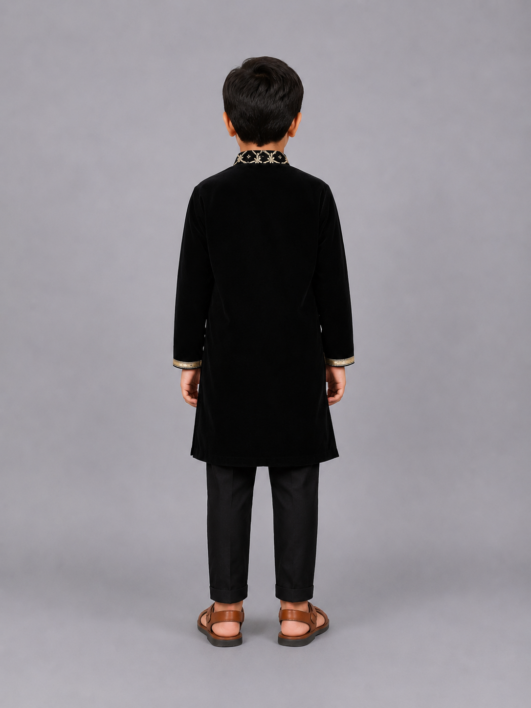 Black Velvet Kurta set with Chanderi panel