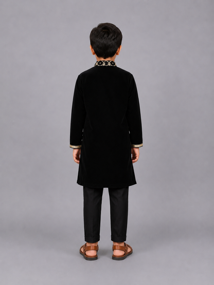 Black Velvet Kurta set with Chanderi panel