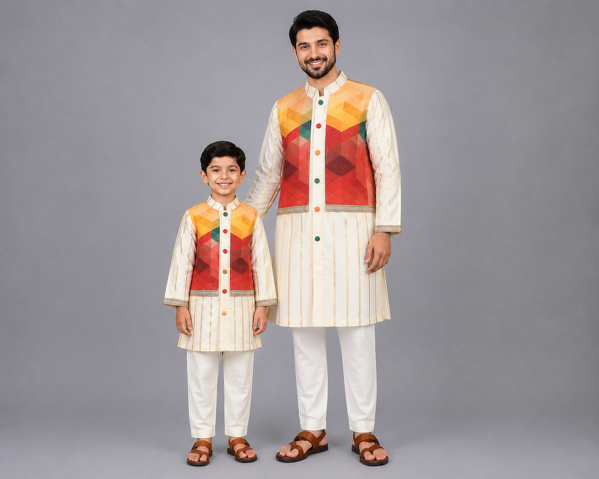 Off White Kurta with Multi color attached Jacket and Pyjama