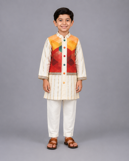 Off White Kurta with Multi color attached Jacket and Pyjama