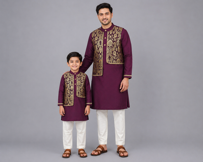 Purple  Kurta with Brocade attached Jacket and Pyjama