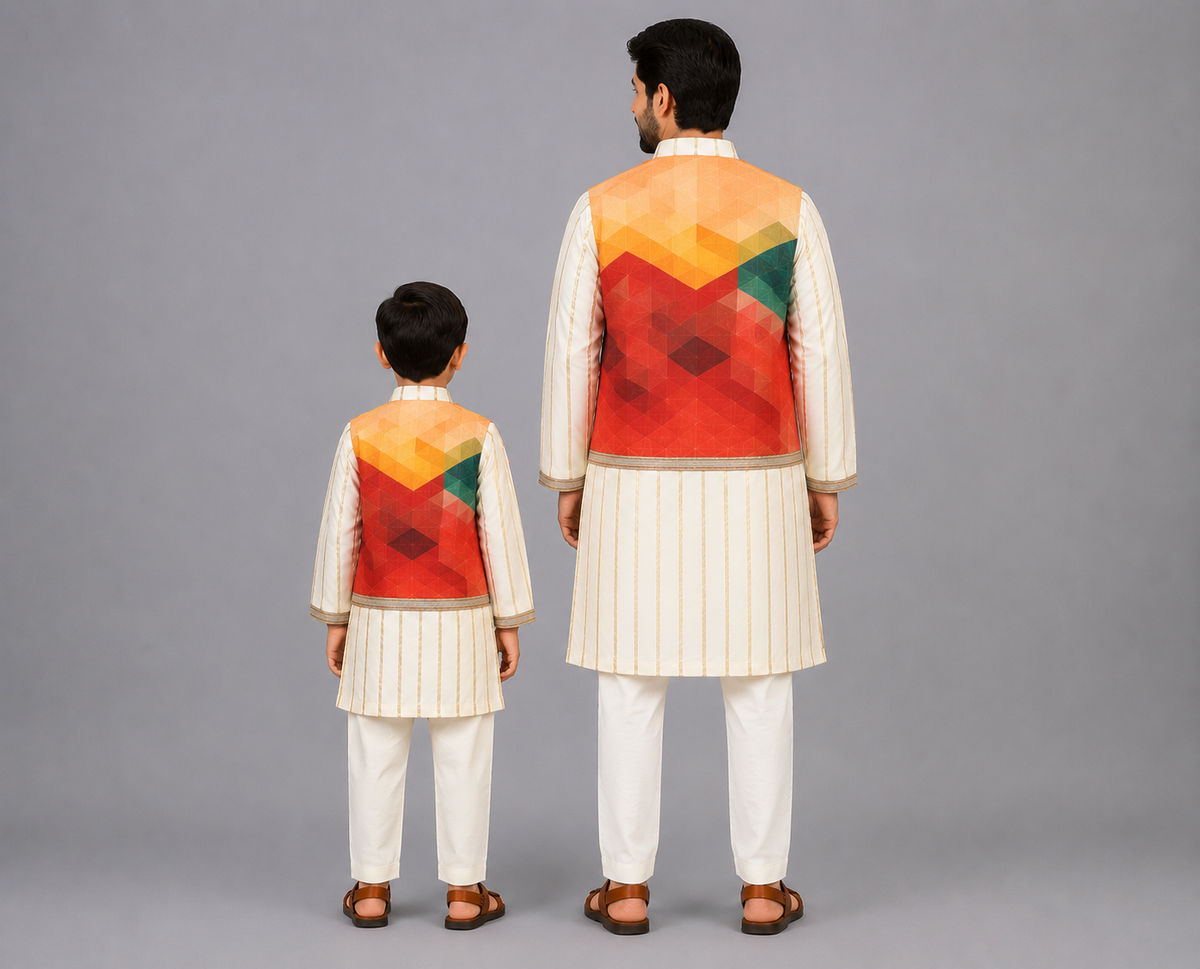 Off White Kurta with Multi color attached Jacket and Pyjama