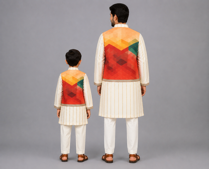 Off White Kurta with Multi color attached Jacket and Pyjama