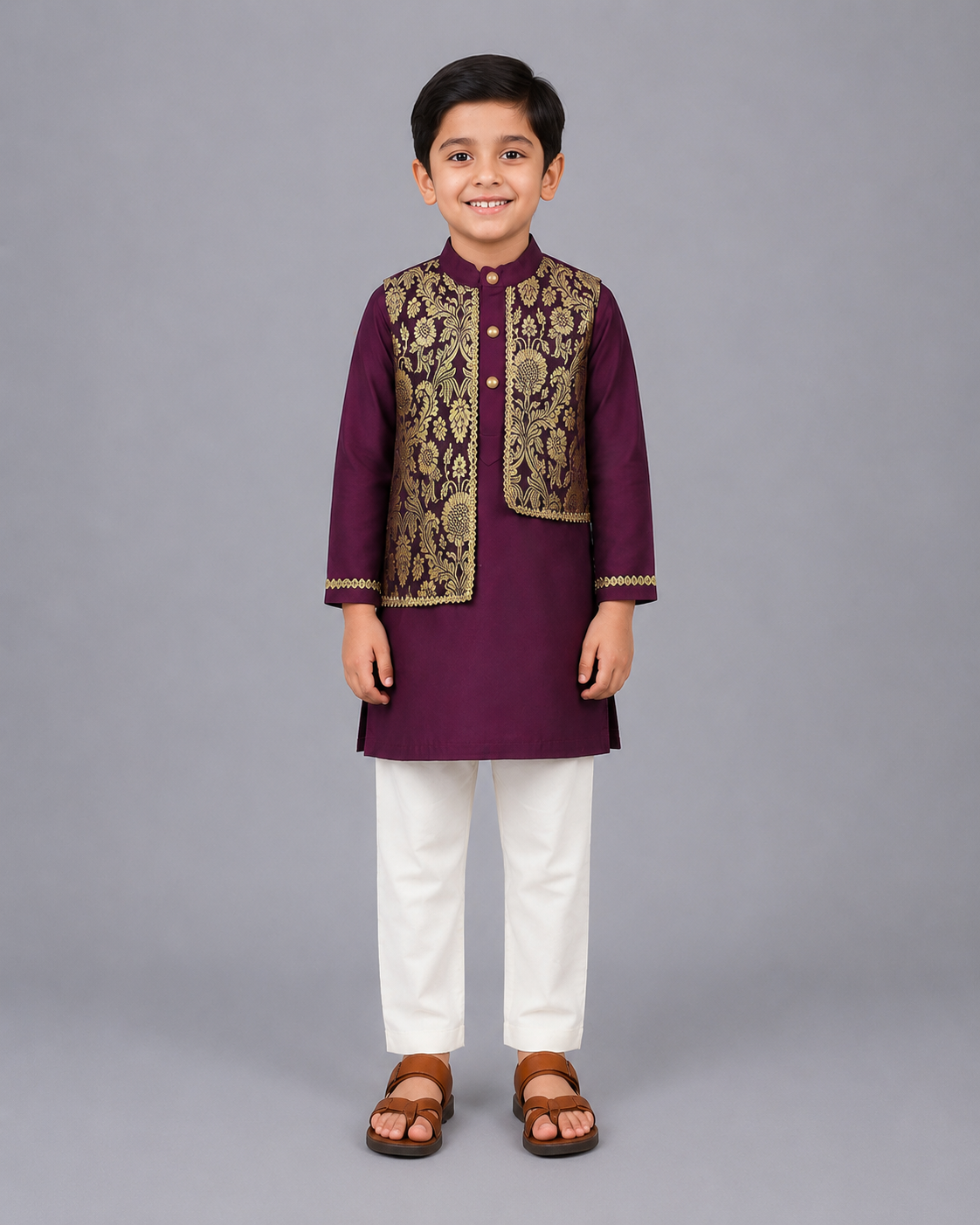 Purple  Kurta with Brocade attached Jacket and Pyjama
