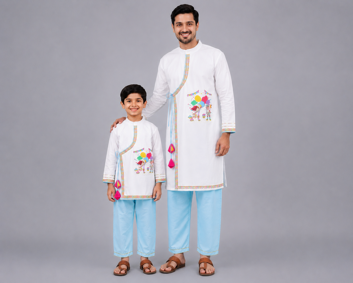 Kids Playing Holi printed pocket Kurta Pyjama set