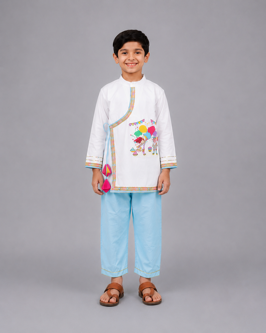 Kids Playing Holi printed pocket Kurta Pyjama set