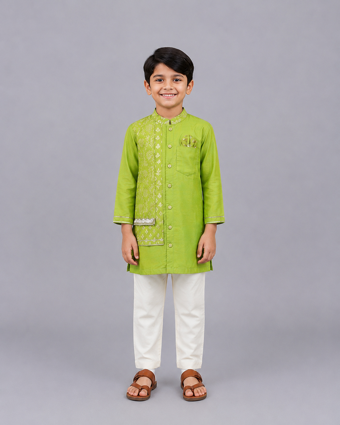 Green Chanderi Panel Kurta Pyjama Set