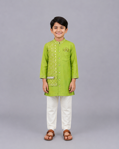 Green Chanderi Panel Kurta Pyjama Set