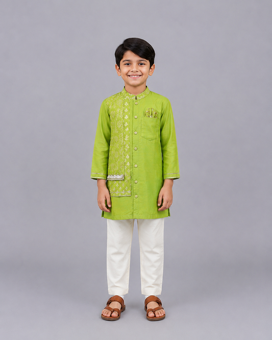 Green Chanderi Panel Kurta Pyjama Set