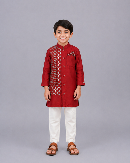 Maroon Chanderi Panel Kurta Pyjama set