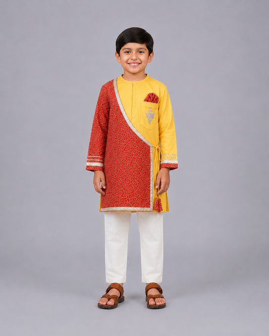 Yellow and Coral printed angrakha style set