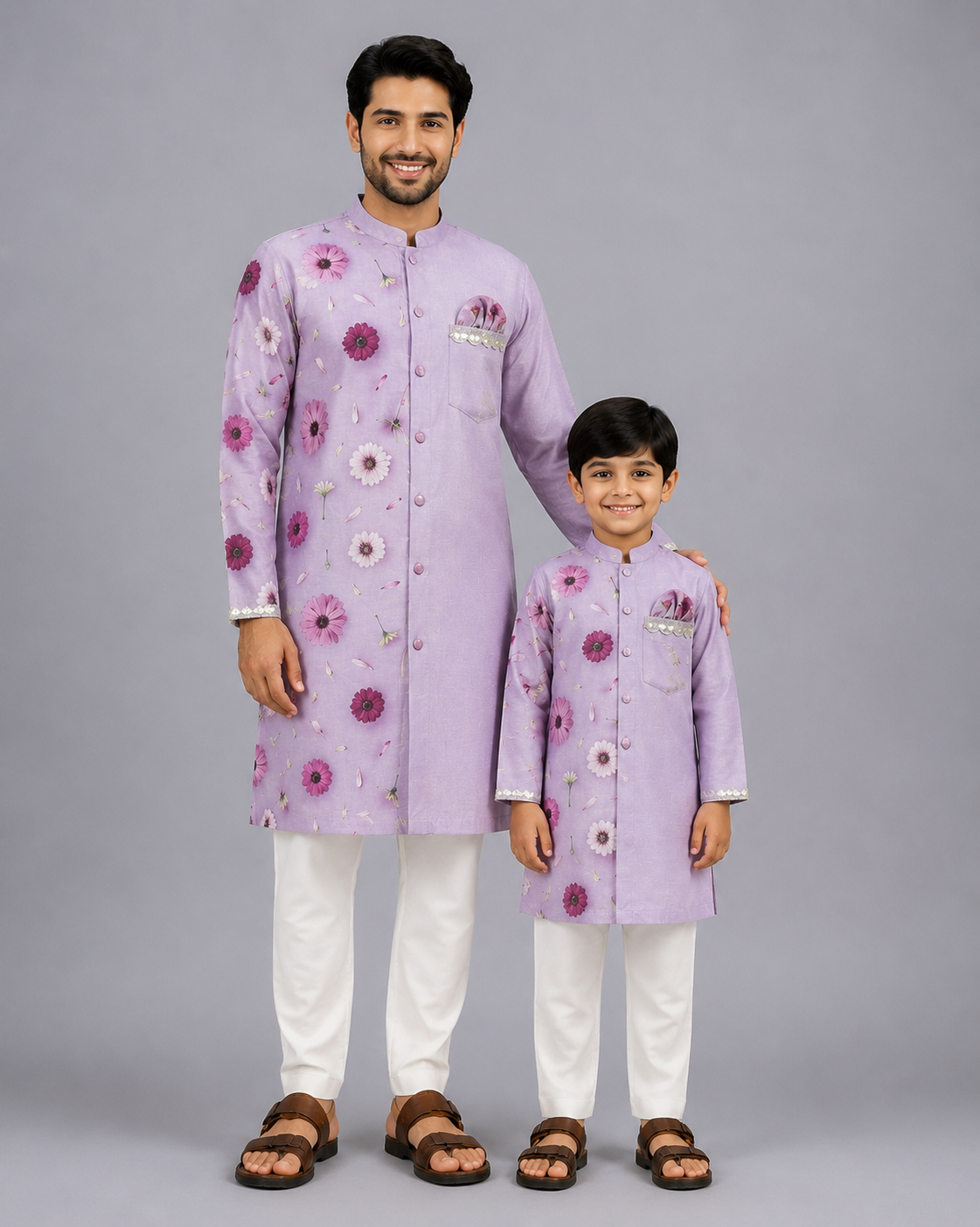 Lilac Floral Printed Kurta Pyjama Set