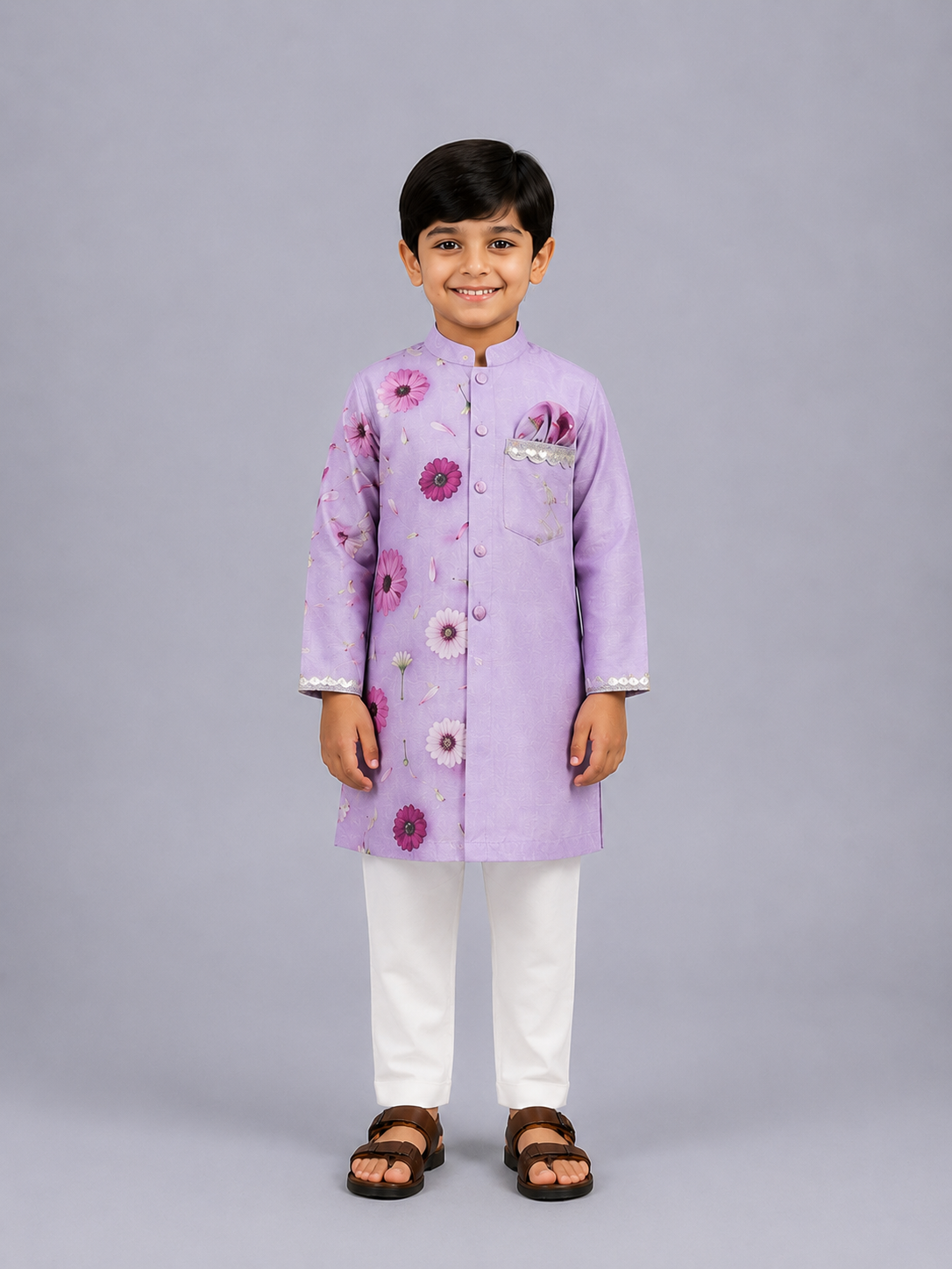 Lilac Floral Printed Kurta Pyjama Set