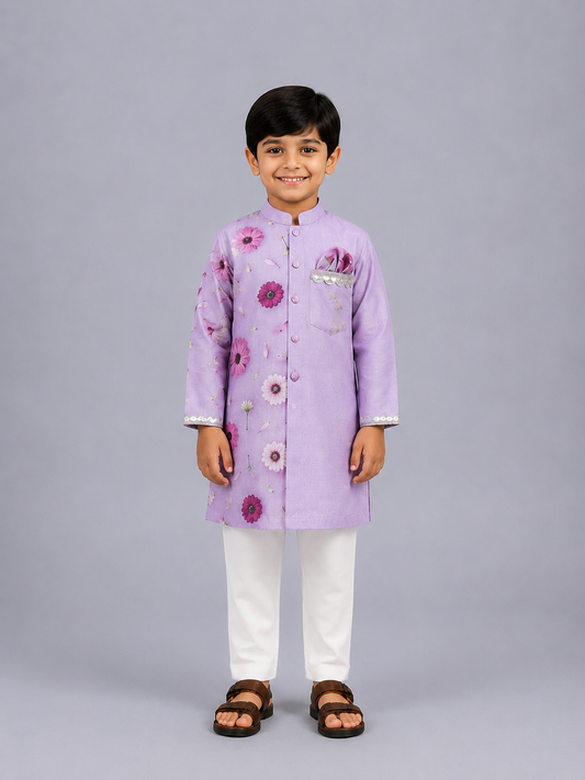 Lilac Floral Printed Kurta Pyjama Set