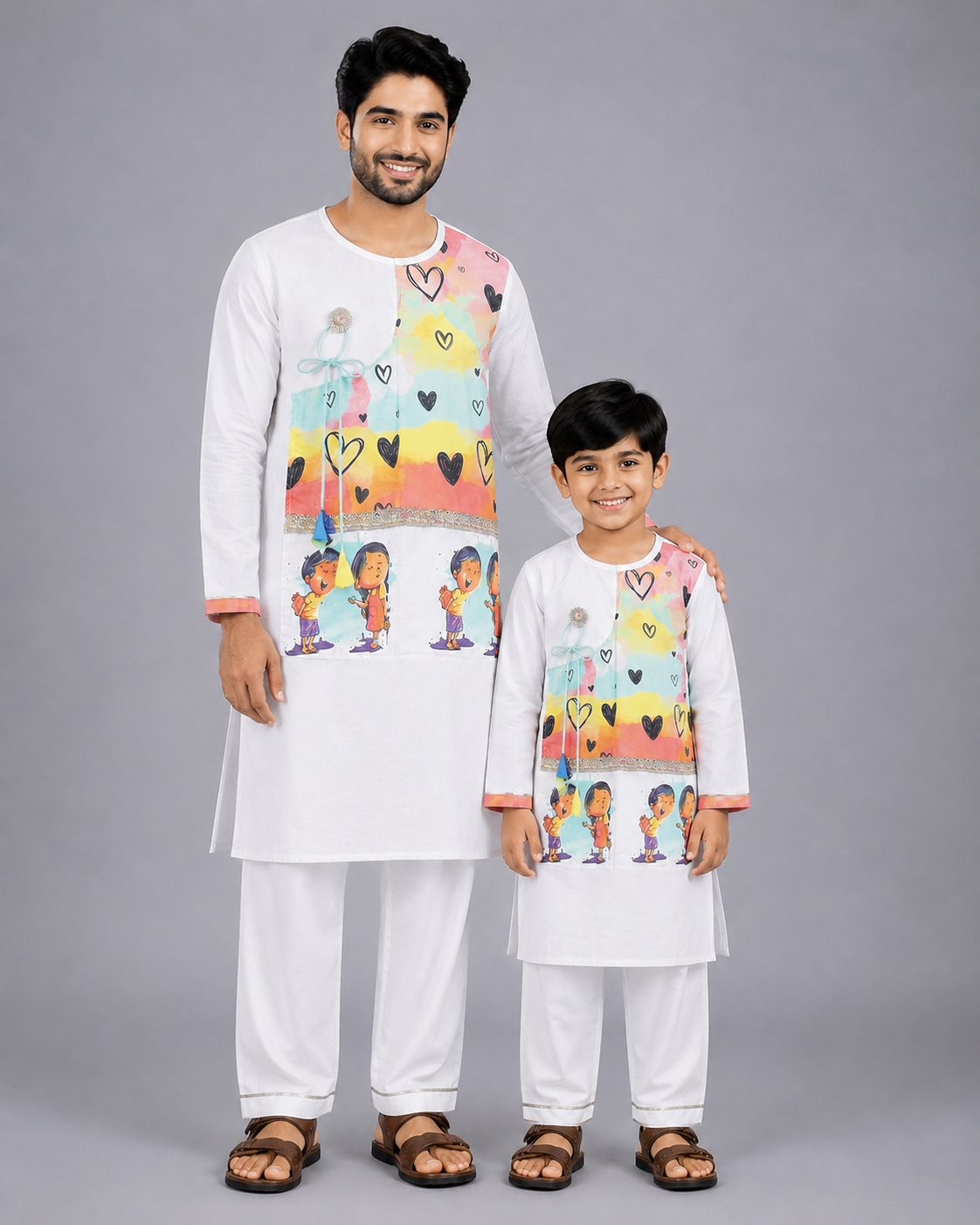 Yellow Printed  Kurta Pyjama set with attached Print Panel