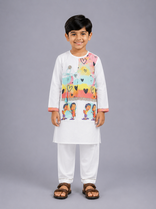 Yellow Printed  Kurta Pyjama set with attached Print Panel