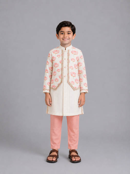 Off white peach lotus printed kurta set