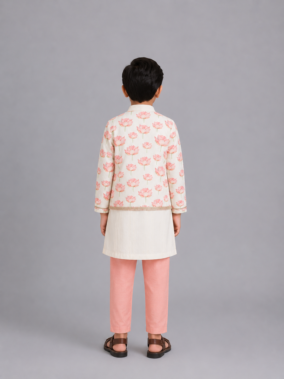 Off white peach lotus printed kurta set