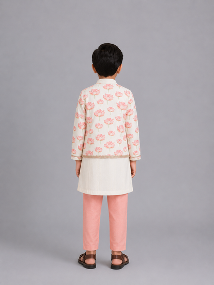 Off white peach lotus printed kurta set