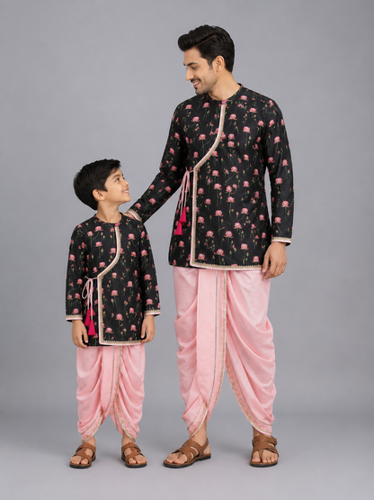 Black/ Baby Pink Lotus Print Kurta Dhoti set
