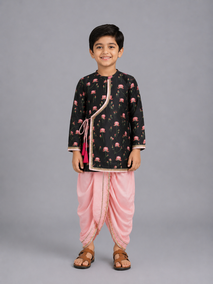 Black/ Baby Pink Lotus Print Kurta Dhoti set