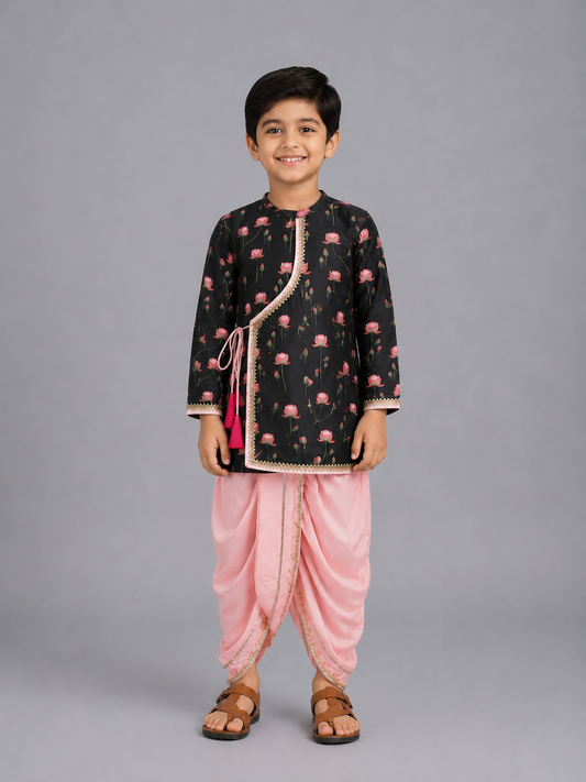 Black/ Baby Pink Lotus Print Kurta Dhoti set