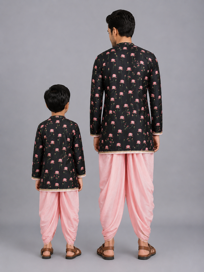Black/ Baby Pink Lotus Print Kurta Dhoti set