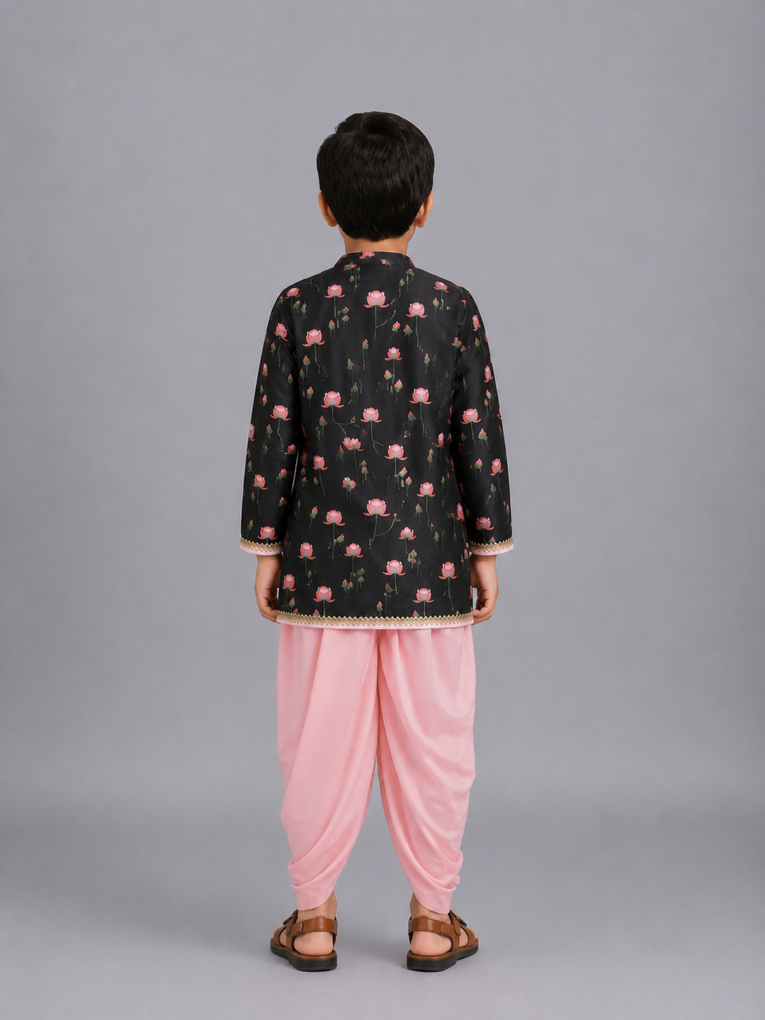 Black/ Baby Pink Lotus Print Kurta Dhoti set