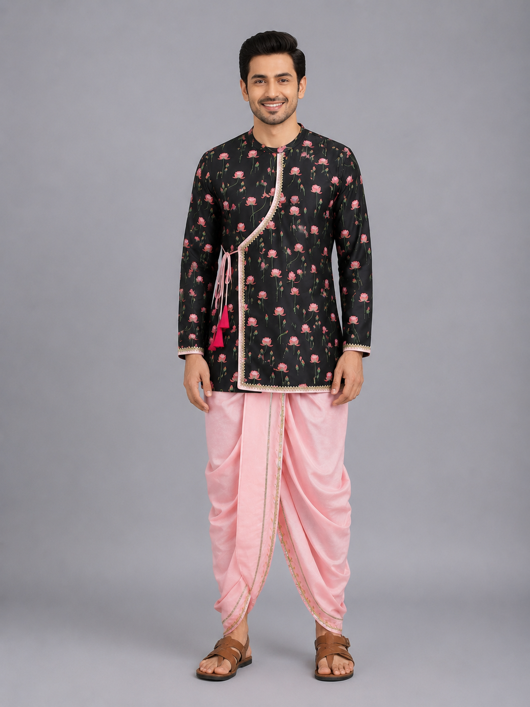 Black/ Baby Pink Lotus Print Kurta Dhoti set
