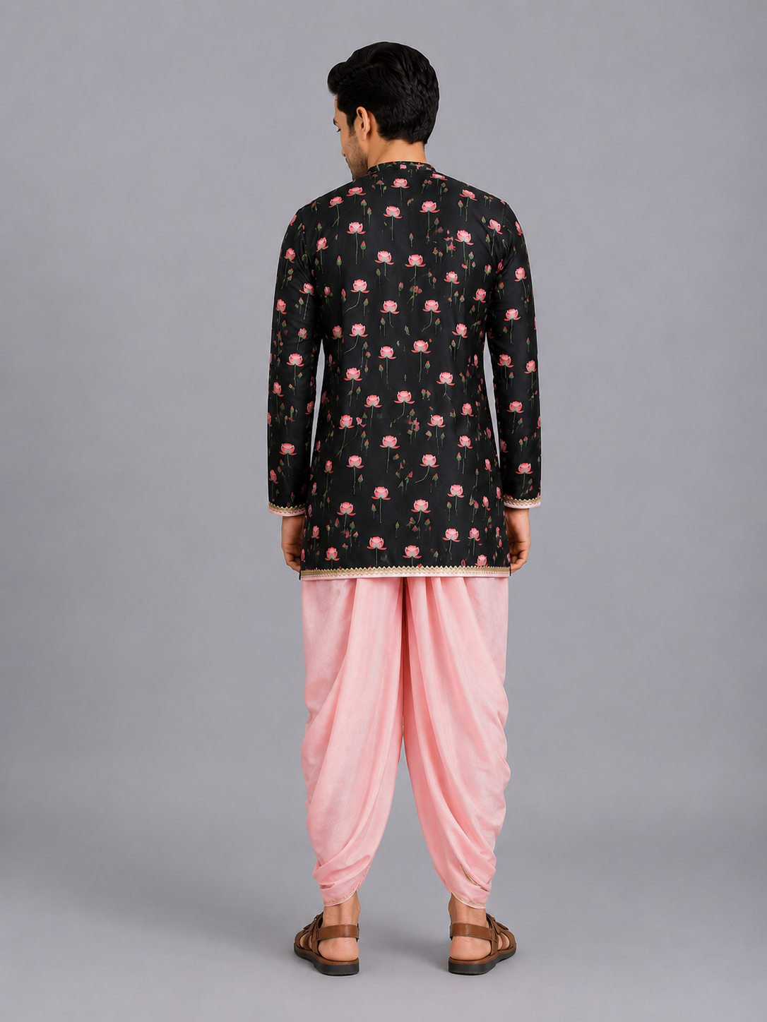 Black/ Baby Pink Lotus Print Kurta Dhoti set