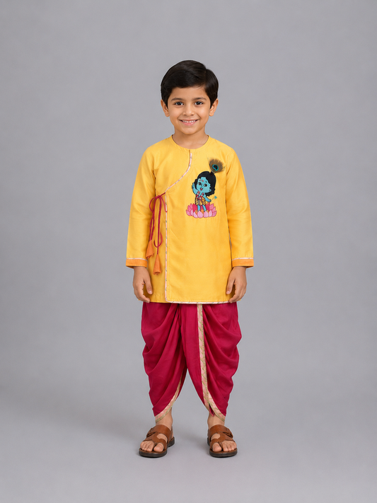 Yellow Krishna Embroidered Angrakha Kurta Dhoti  Set