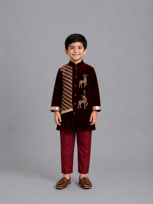 Maroon Velvet Bandhgala Embroidery set