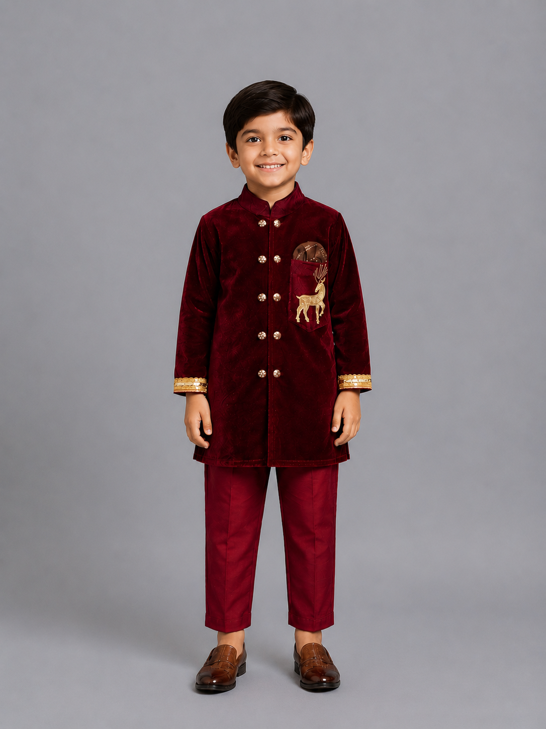 Maroon Velvet Bandhgala Embroidery set