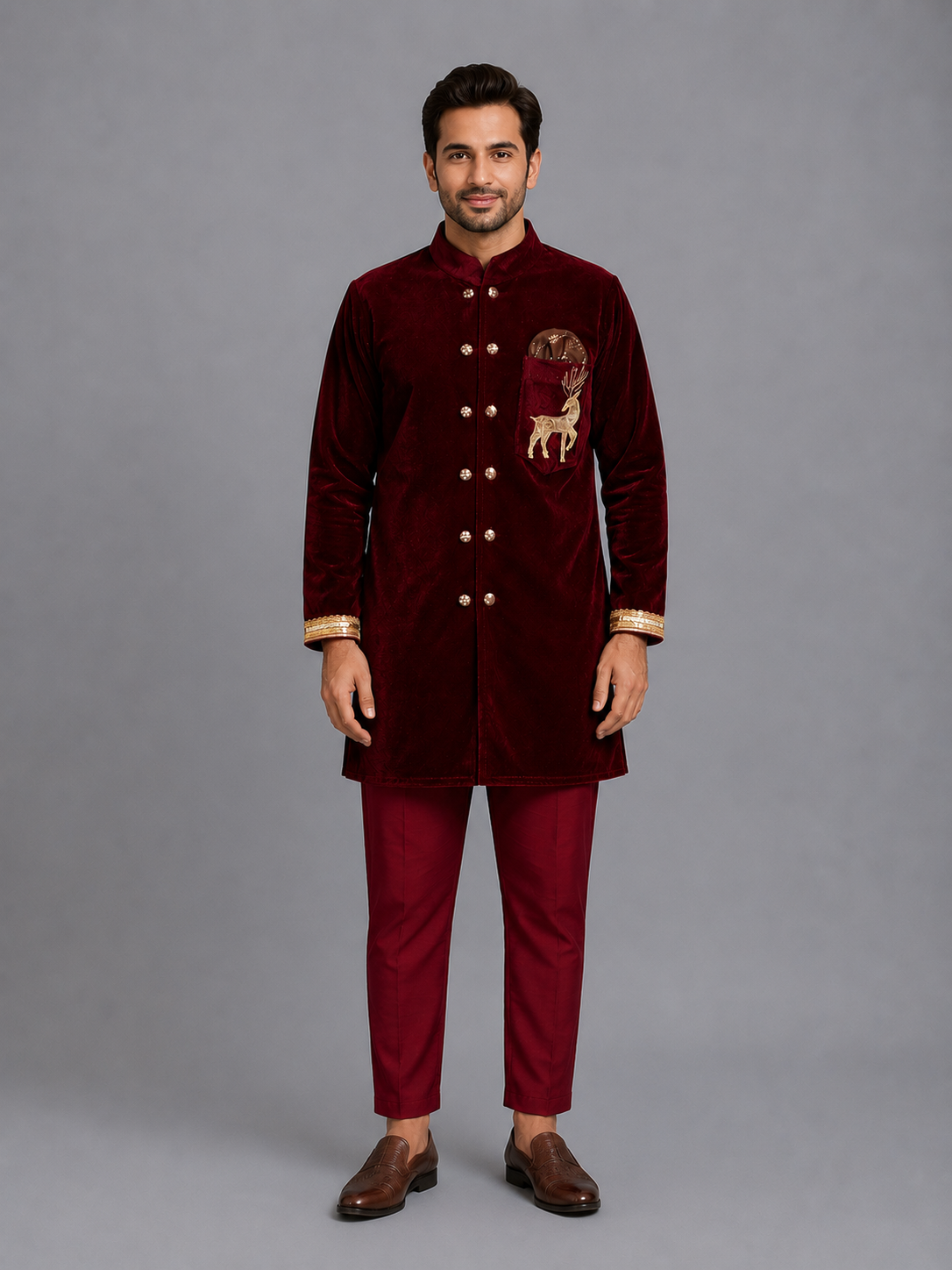 Maroon Velvet Bandhgala Embroidery set