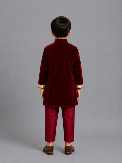 Maroon Velvet Bandhgala Embroidery set