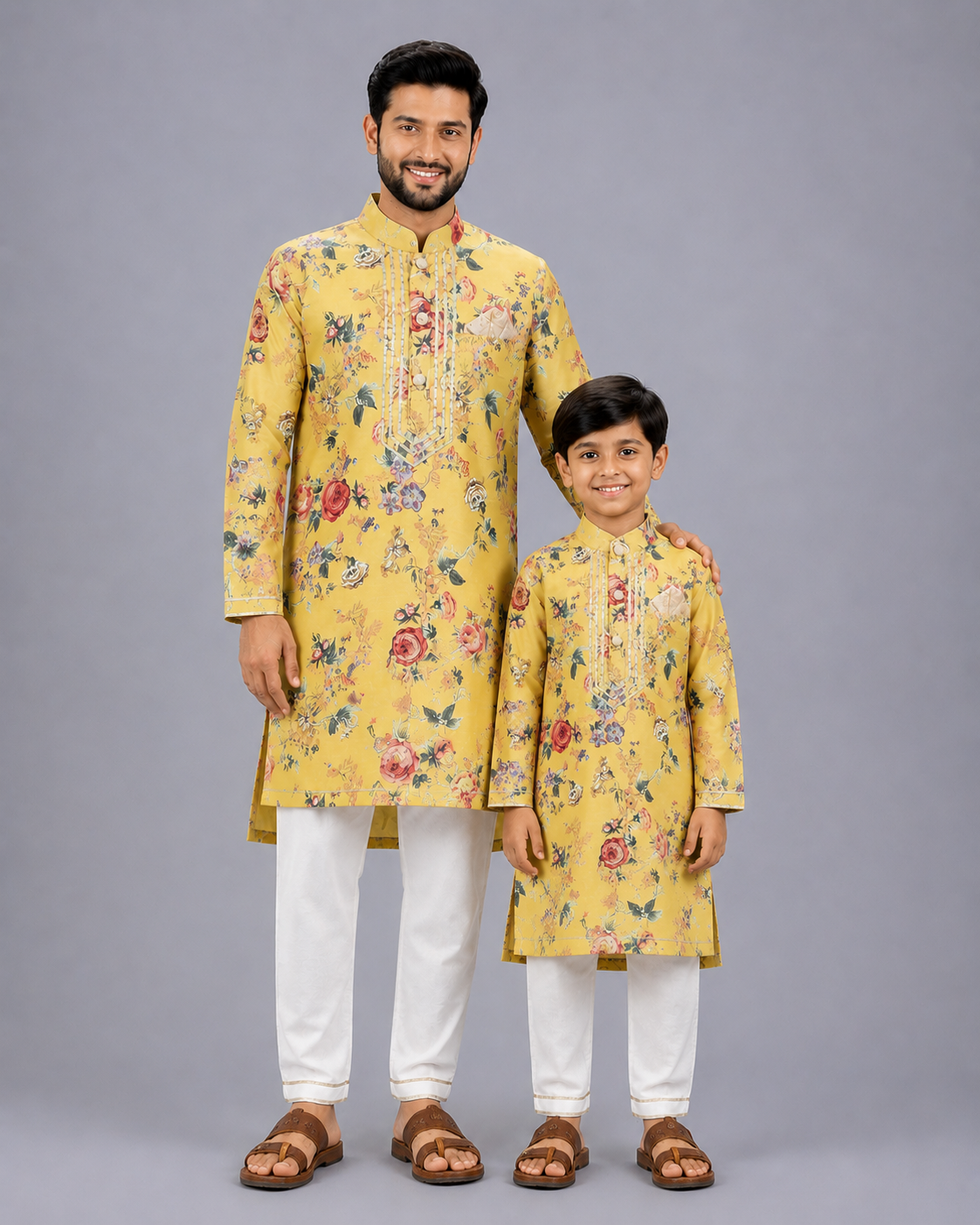 Yellow Printed  Kurta Pyjama Set with Attached Print Panel