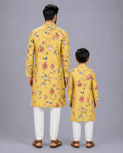 Yellow Printed  Kurta Pyjama Set with Attached Print Panel