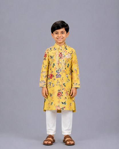 Yellow Printed  Kurta Pyjama Set with Attached Print Panel