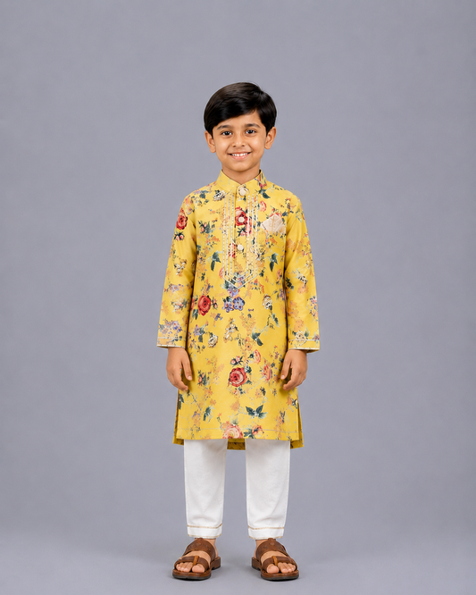 Yellow Printed  Kurta Pyjama Set with Attached Print Panel
