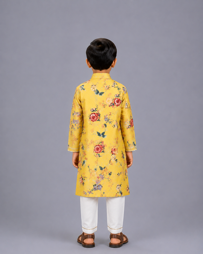 Yellow Printed  Kurta Pyjama Set with Attached Print Panel
