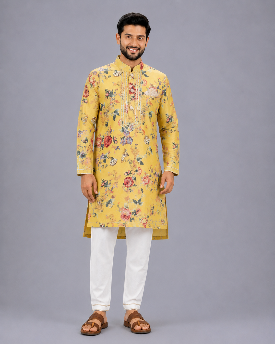 Yellow Printed  Kurta Pyjama Set with Attached Print Panel
