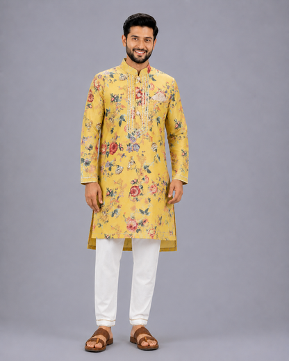 Yellow Printed  Kurta Pyjama Set with Attached Print Panel