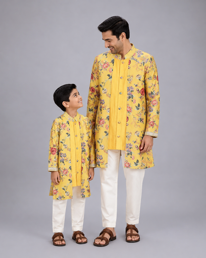 Yellow Kurta Pyjama with attached printed jacket