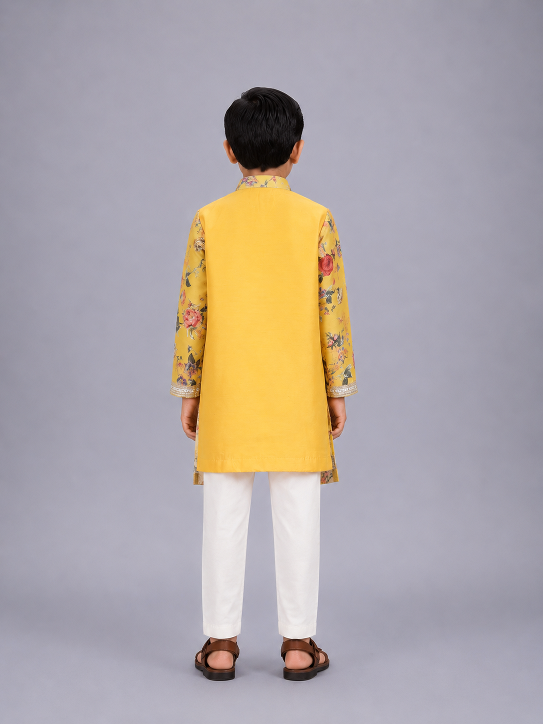 Yellow Kurta Pyjama with attached printed jacket