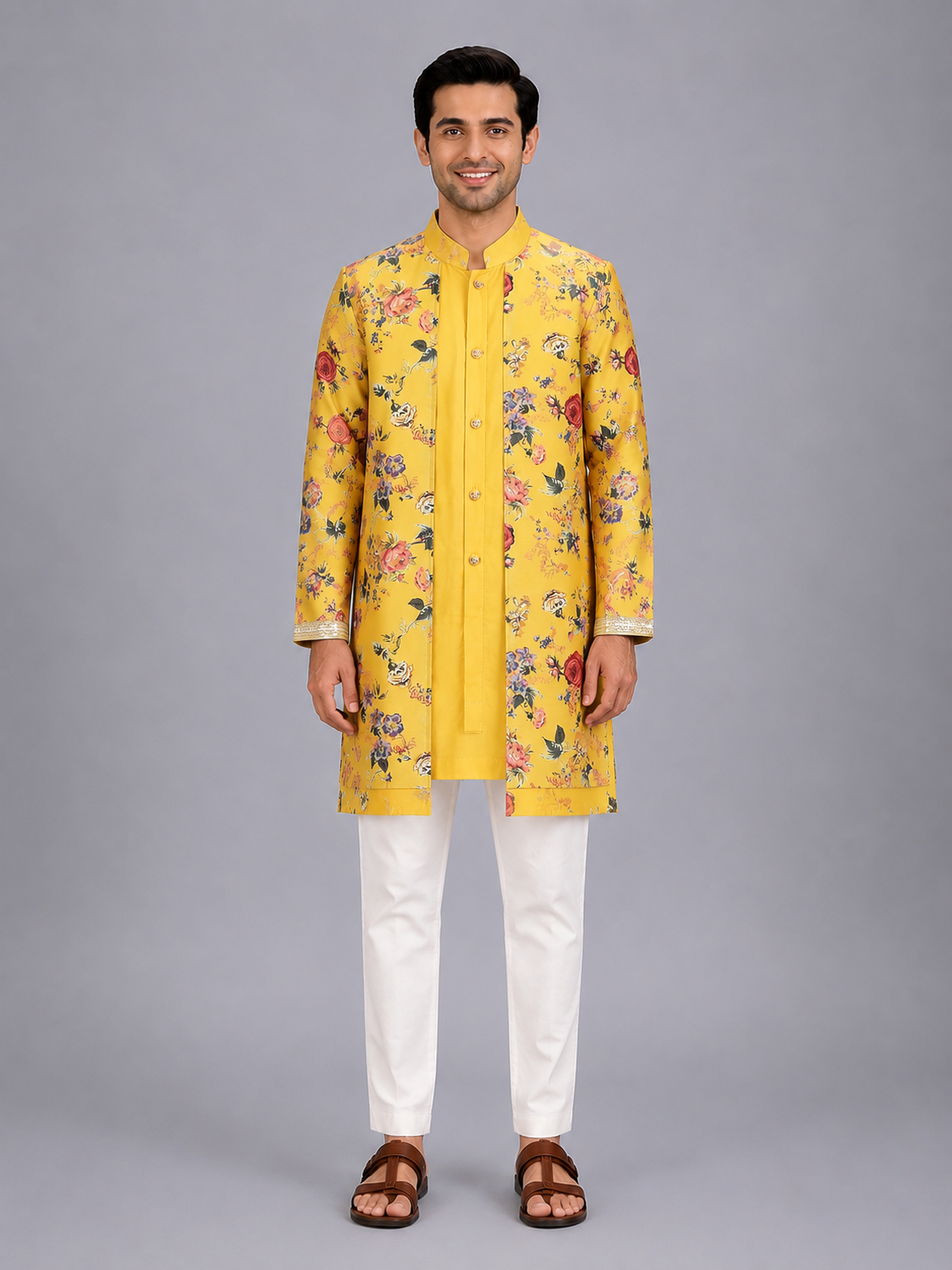Yellow Kurta Pyjama with attached printed jacket